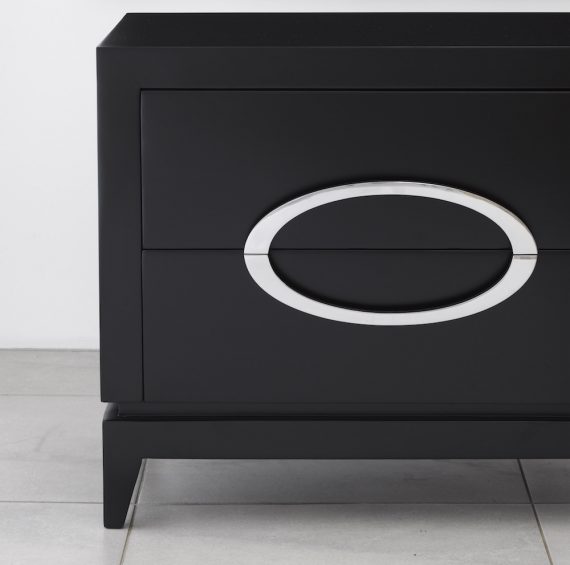 Stirling Black Timber Bedside Table with Two Drawers and Silver Oval ...