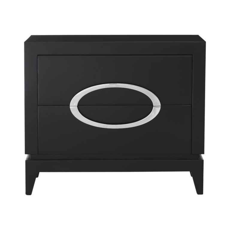 Stirling Black Timber Bedside Table with Two Drawers and Silver Oval ...